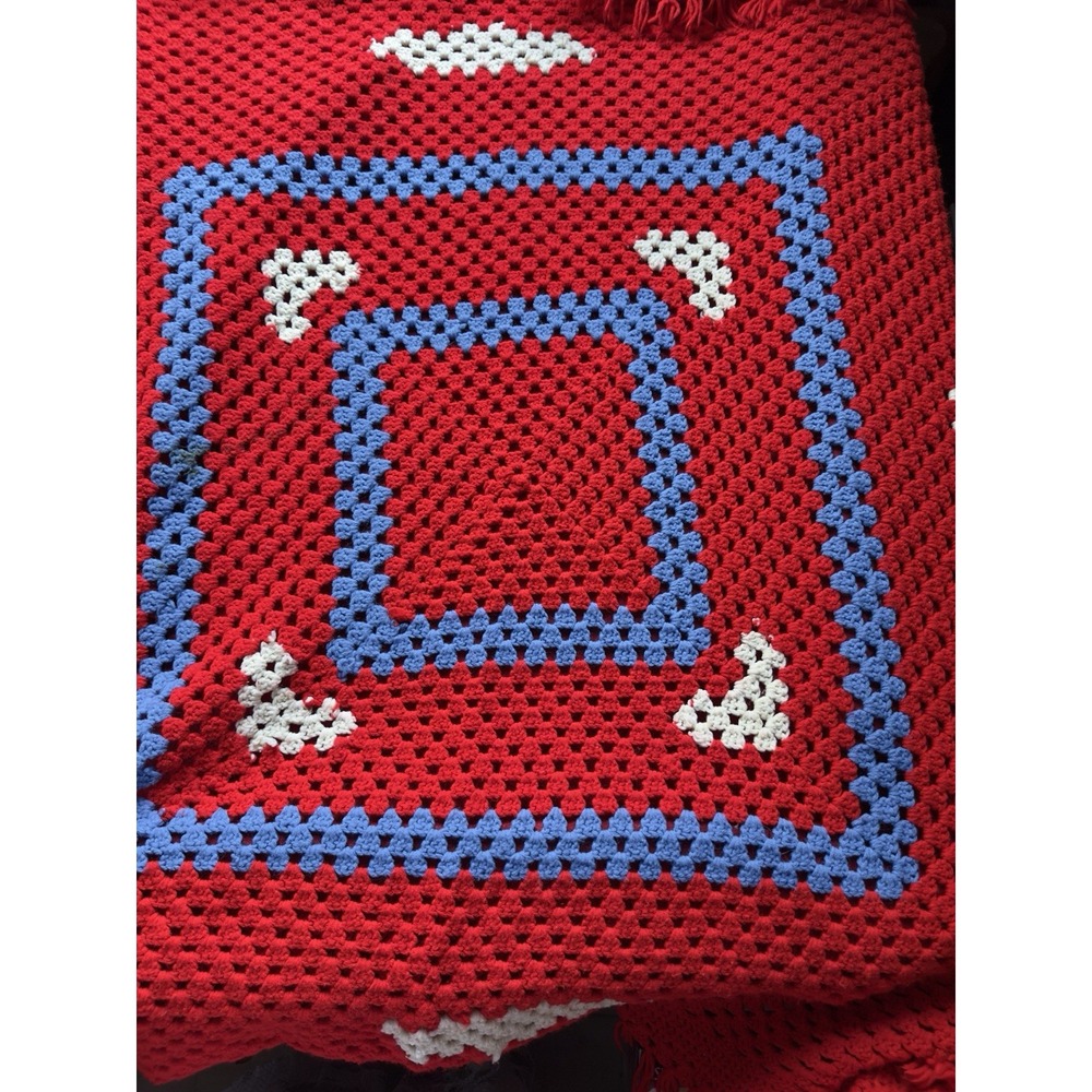 Hand‎ Crocheted Afghan Blanket Red White Blue Geometric Block Throw Vintage